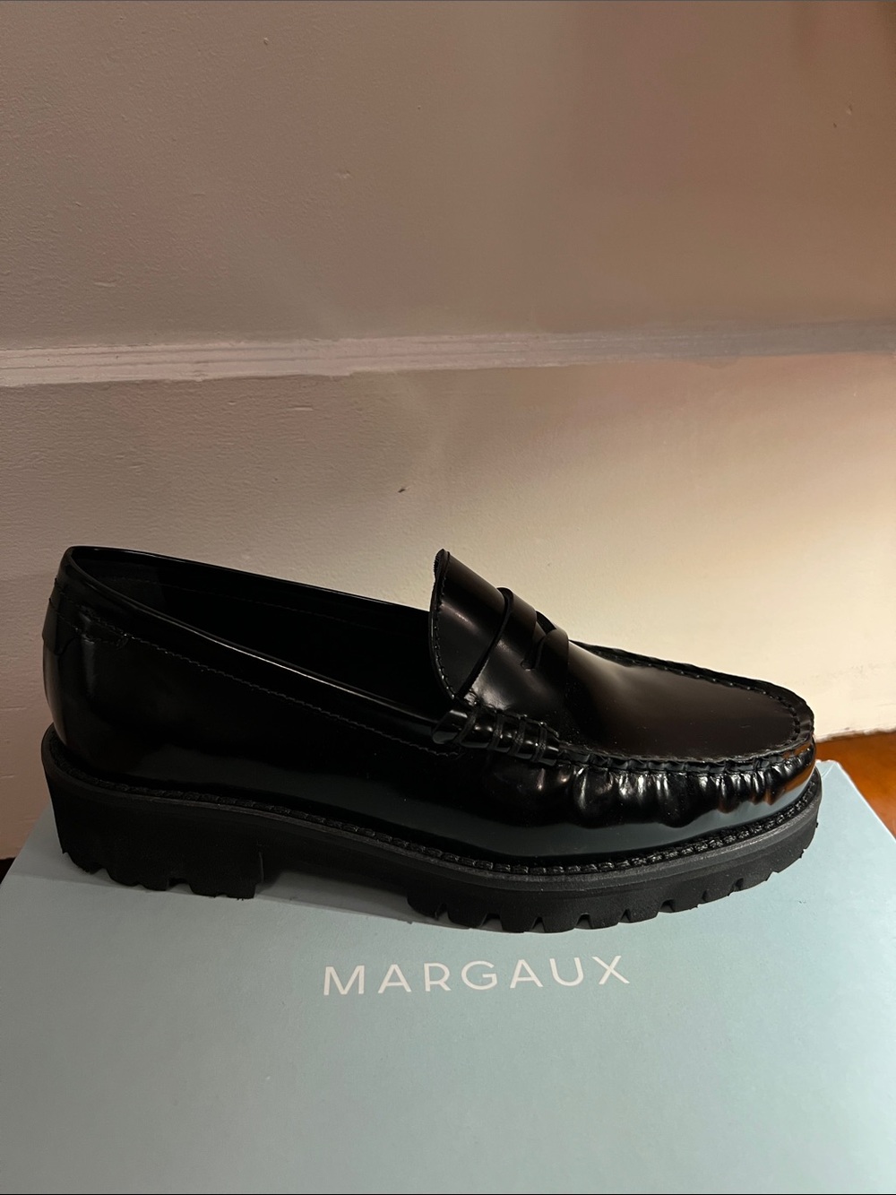 Margaux Black Leather Lug-Sole Penny Loafer